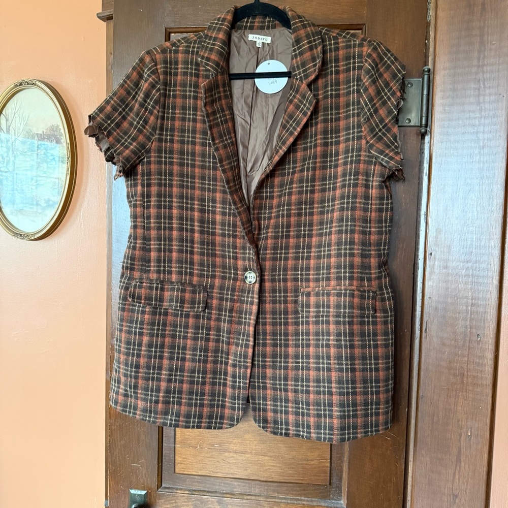 JODIFL Brown Plaid Short Sleeve Blazer